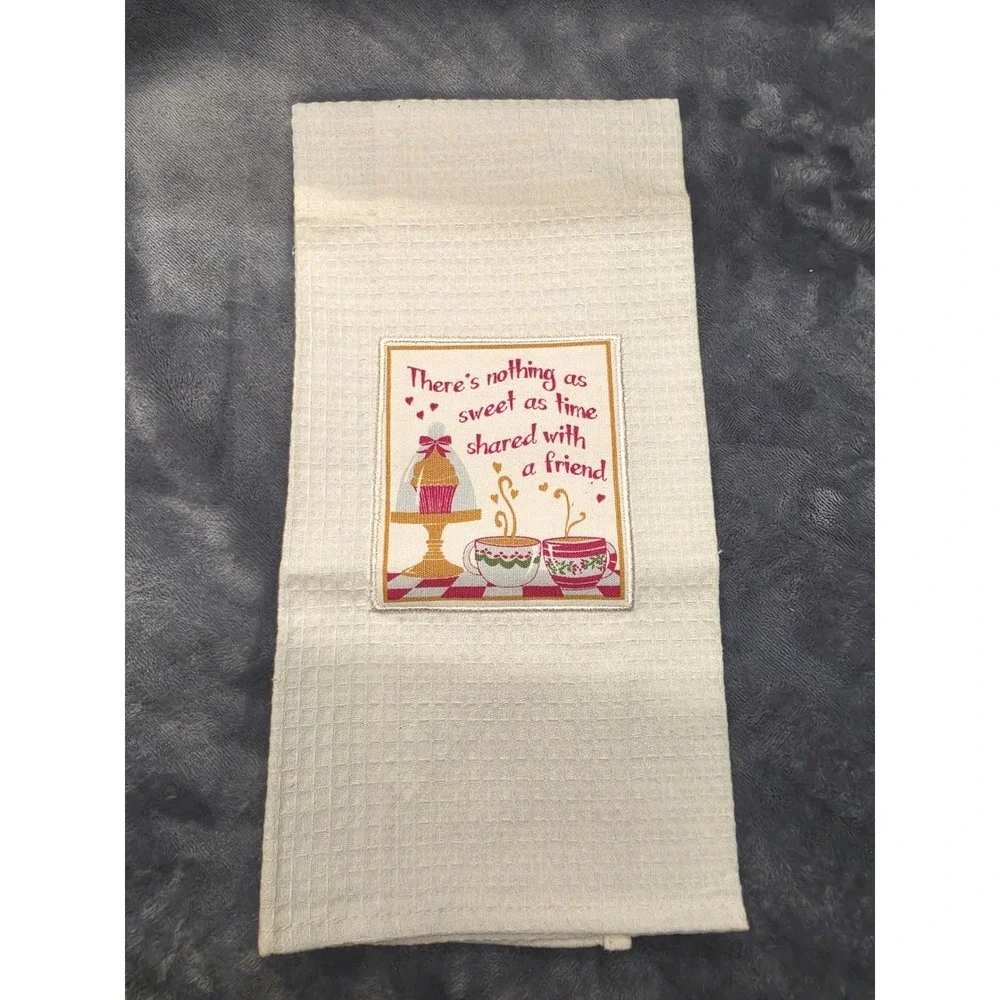 Cream Waffle Weave Kitchen Towel Sweet Time Shared With A Friend Embroidery